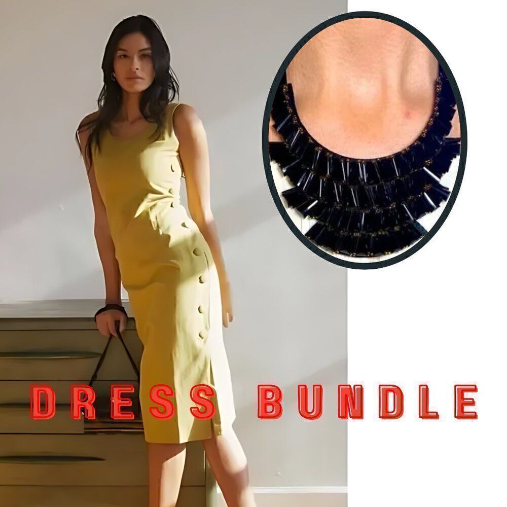 NWT Womens Sayuri Chartreuse Button Side Sleeveless Midi Dress + Necklace Bundle